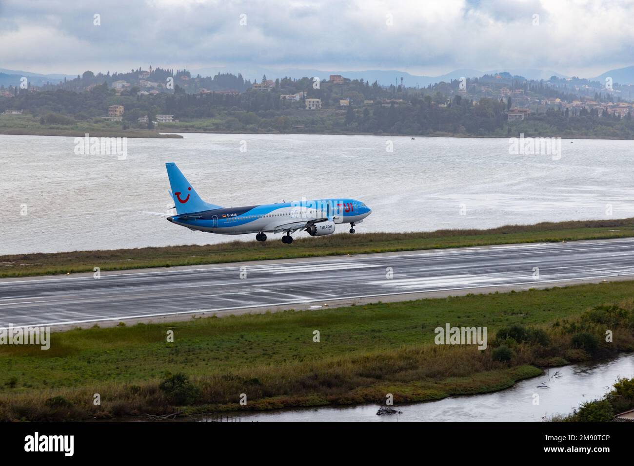 TUI Fly Boeing 737 MAX 8 DAMAB landing at Corfu Airport, Greece Stock