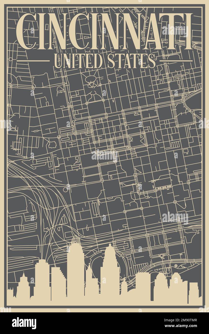 Road network poster of the downtown CINCINNATI, UNITED STATES OF