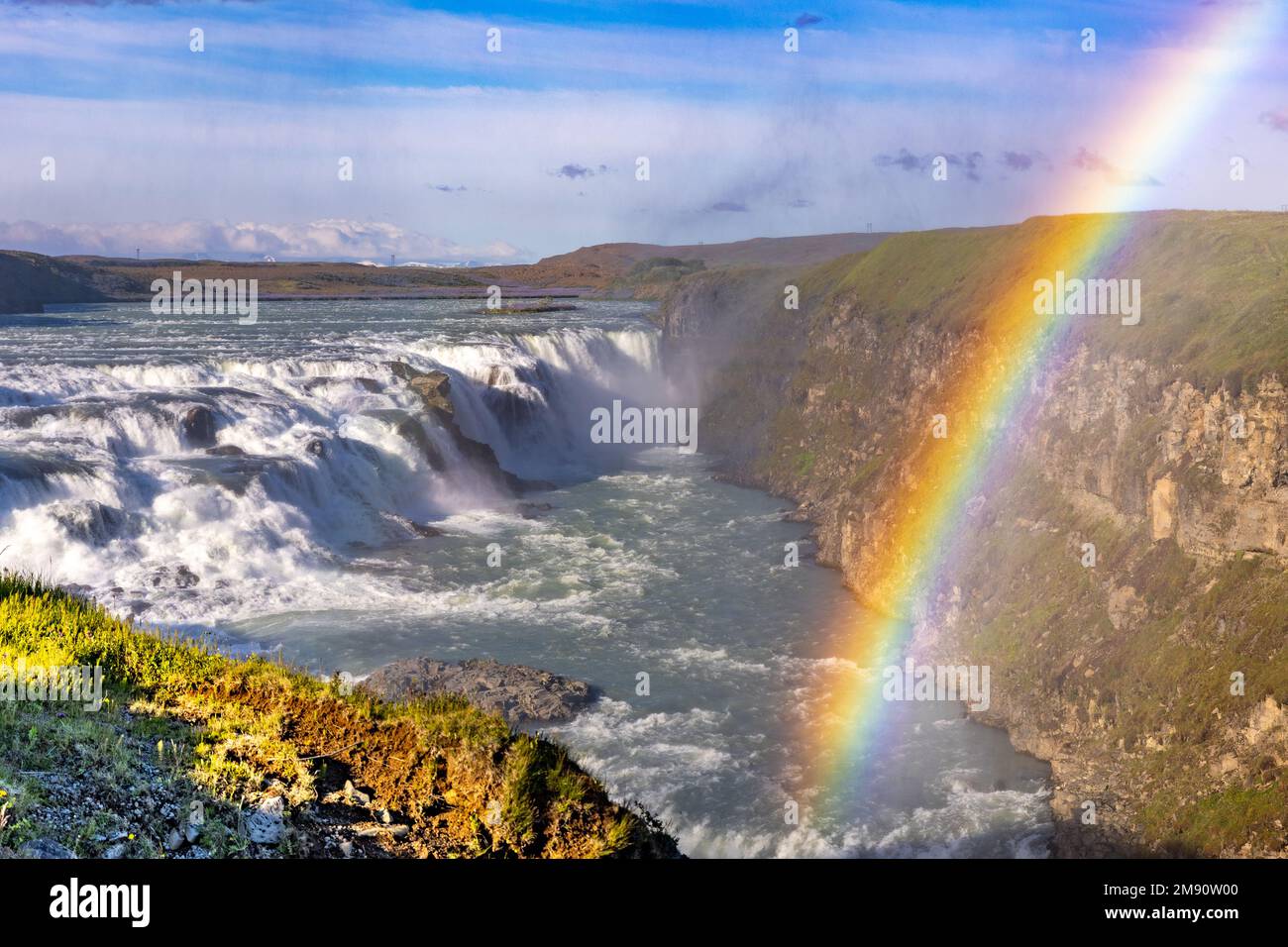 rainbow over Gullfoss Waterfall located on the Hvítá River, Near Geysir ...