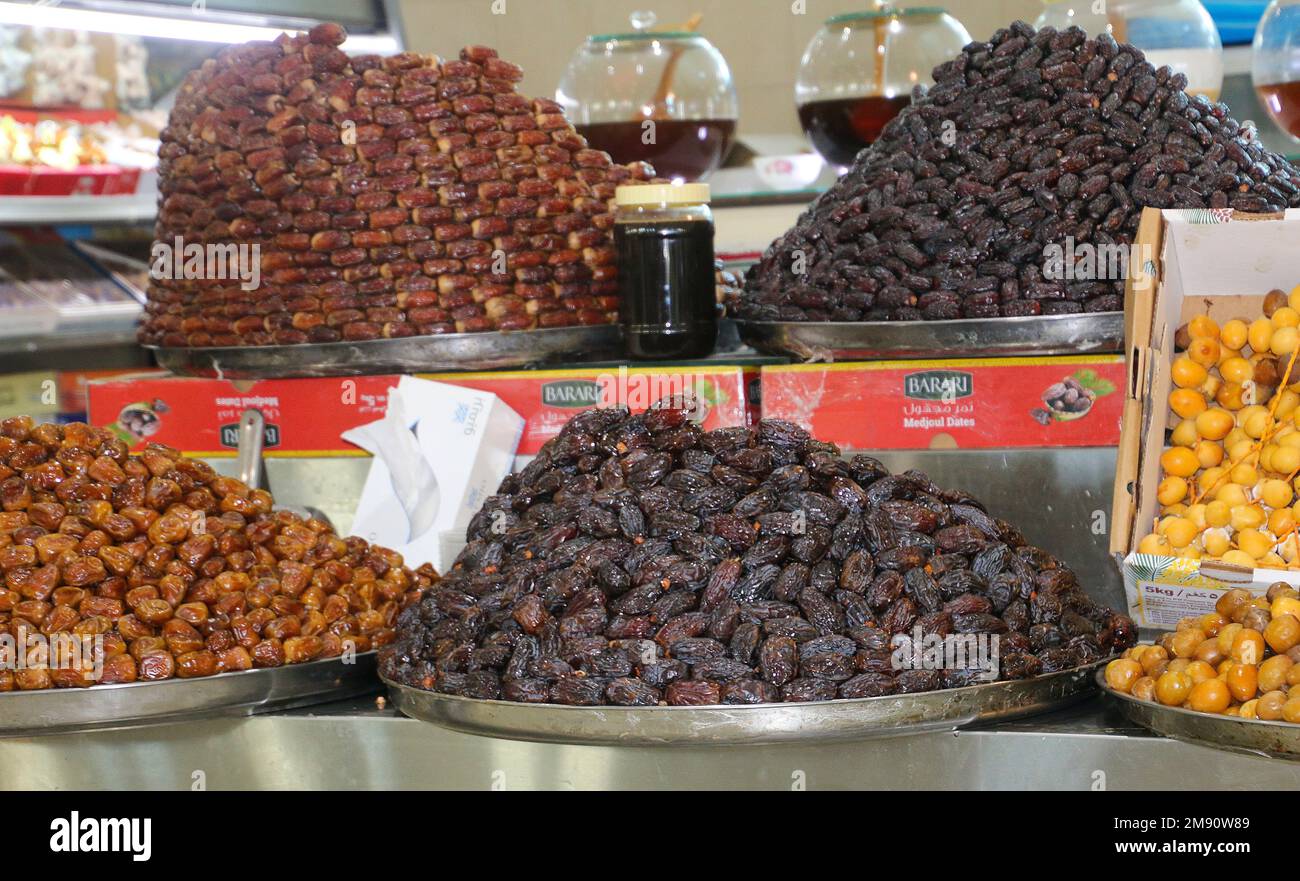 Assortment of dates and dried fruit in a food market, Sharjah, Dubai