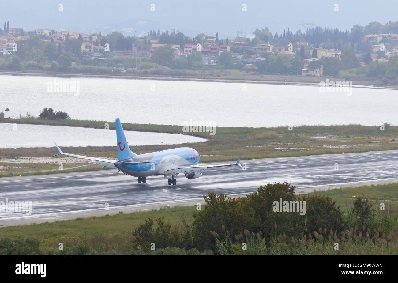 TUI Fly Boeing 737 MAX 8 DAMAB landing at Corfu Airport, Greece Stock