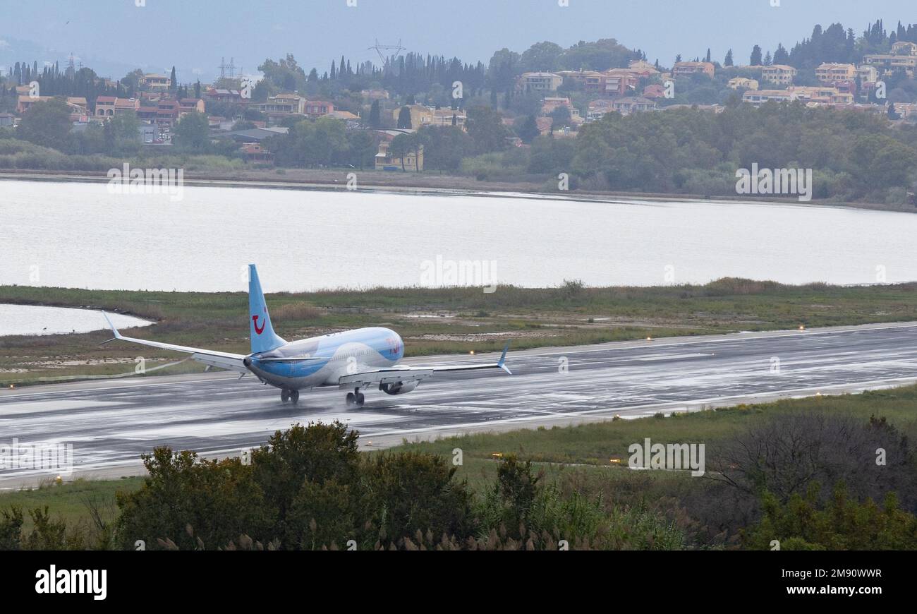 TUI Fly Boeing 737 MAX 8 DAMAB landing at Corfu Airport, Greece Stock