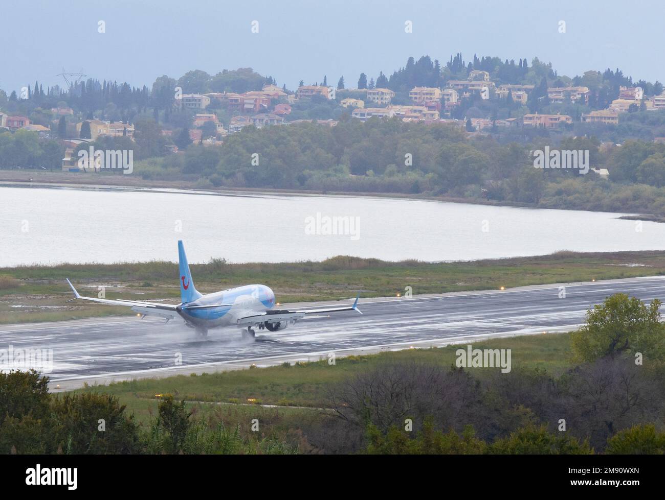 TUI Fly Boeing 737 MAX 8 DAMAB landing at Corfu Airport, Greece Stock