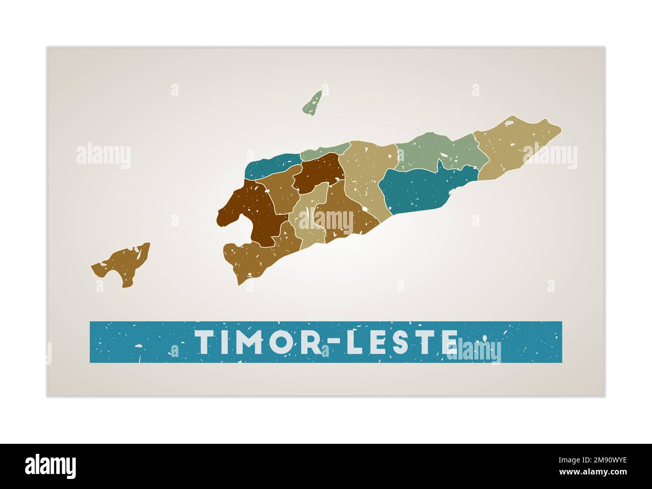 Timor-Leste map. Country poster with regions. Old grunge texture. Shape 