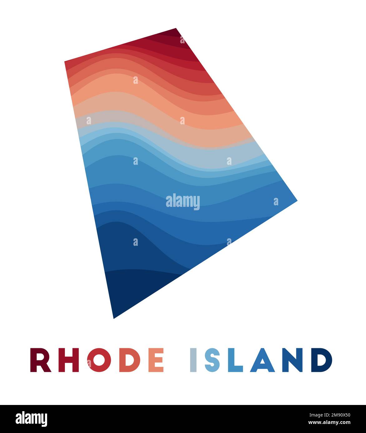 Rhode Island map. Map of the us state with beautiful geometric waves in red blue colors. Vivid Rhode Island shape. Vector illustration. Stock Vector