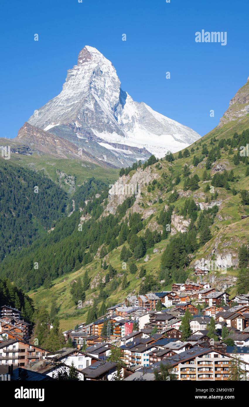 The Matterhorn peak over the Mattertal valley and Zermatt. Stock Photo