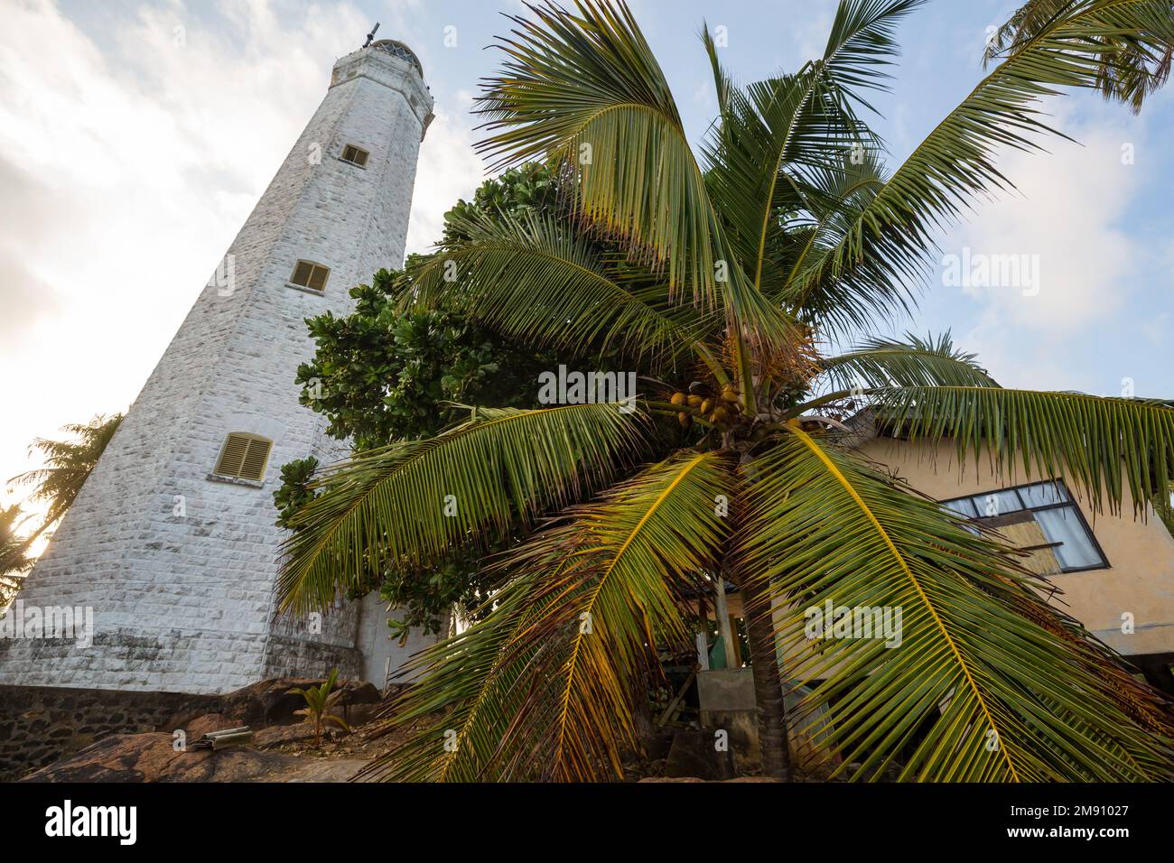 View of lighthouse Dondra and lights at sunset Matara, Sri Lanka Stock