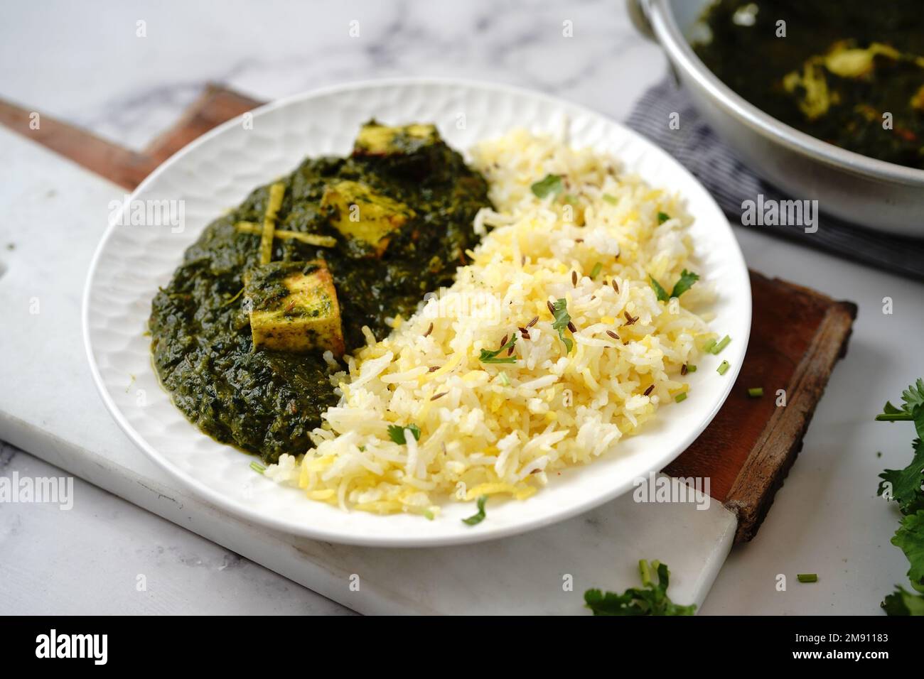 Homemade Palak Paneer or Indian cottage cheese spinach curry served
