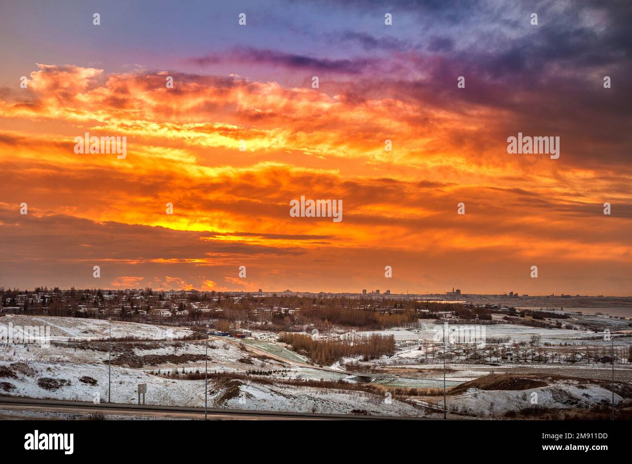 Iceland Landscape and Cityscape with Colorful Sky Stock Photo