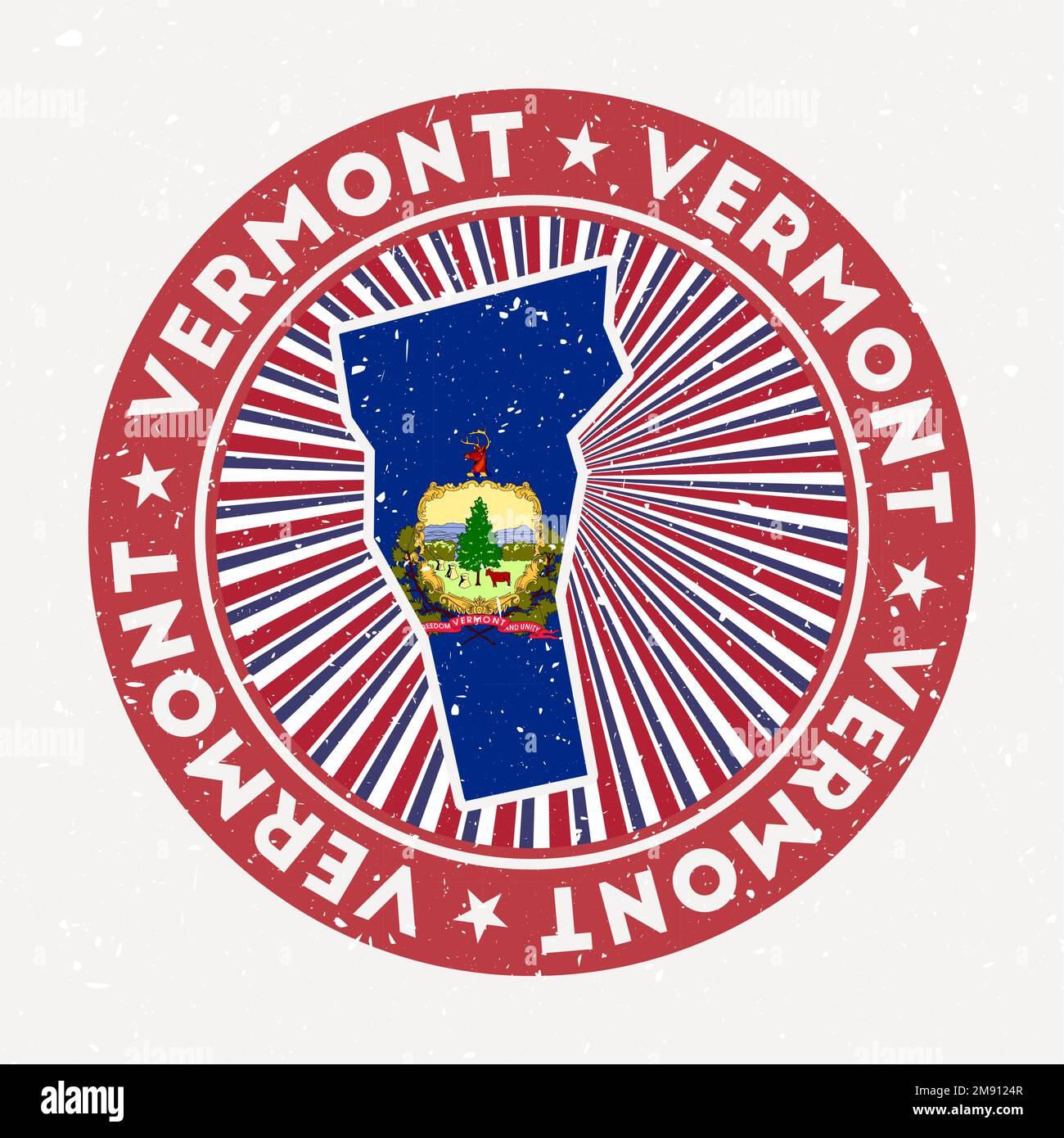 Vermont round stamp. Logo of us state with state flag. Vintage badge