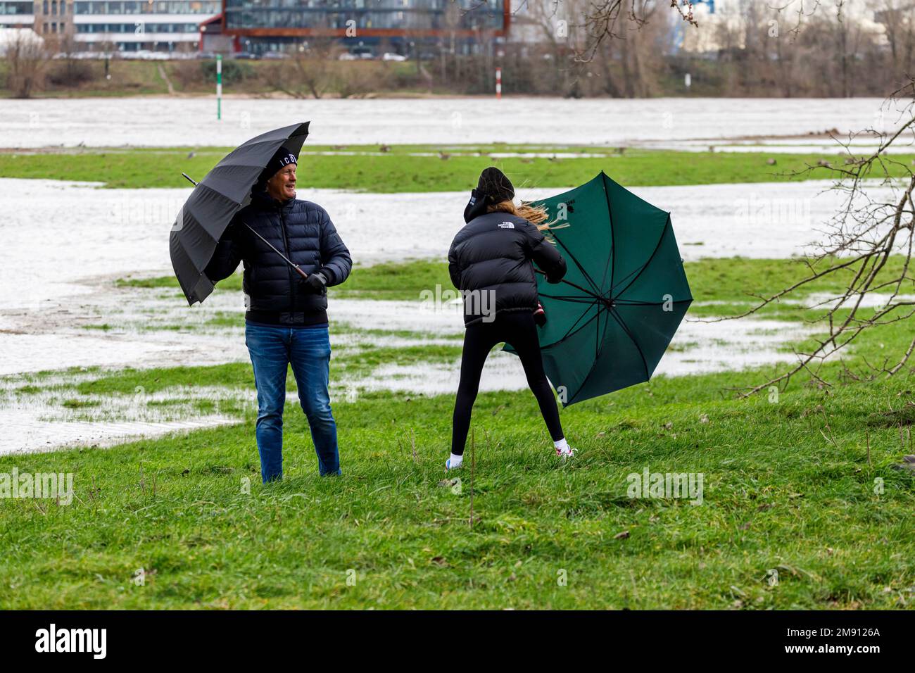 Rising water level on the Rhine in Düsseldorf, plus rain and stormy weather, father and daughter on the banks of the Rhine Stock Photo