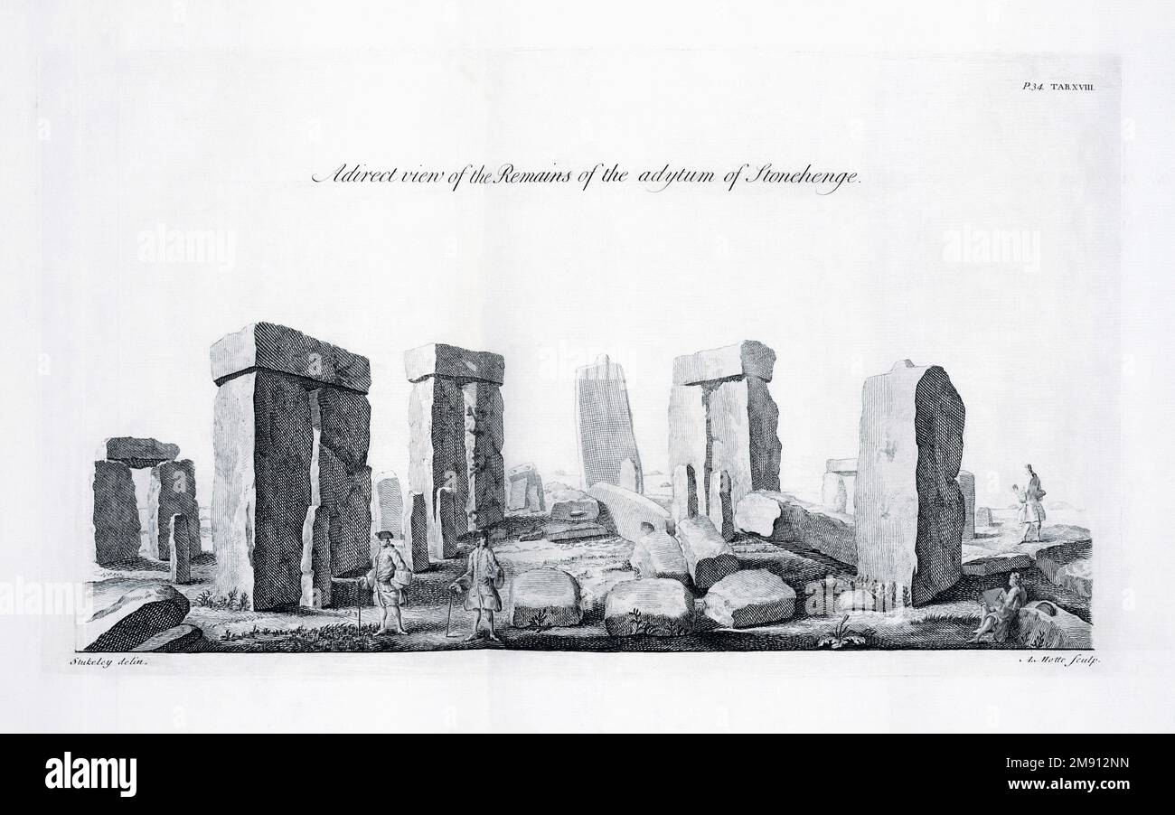 Stonehenge, Wiltshire, England.  The prehistoric Bronze Age monument is thought to date from around 3000 - 2000 BC.  After an 18th century engraving by Andrew Motte after a work by William Stukeley. Stock Photo