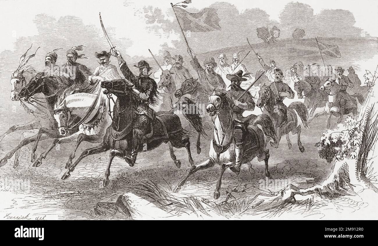 A group of Texas Rangers charge during a skirmish with Native Americans.  After a 19th century illustration by Henry Walker Herrick. Stock Photo