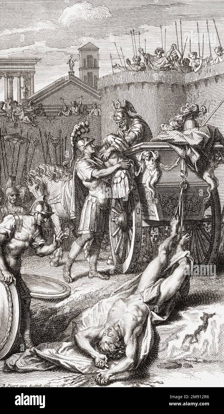 After killing Hector in hand-to-hand combat as revenge for the death of his friend Patroclus, Achilles drags Hector’s body behind his chariot in front of the walls of Troy.  An incident from Homer’s Iliad. After a work by Bernard Picart. Stock Photo