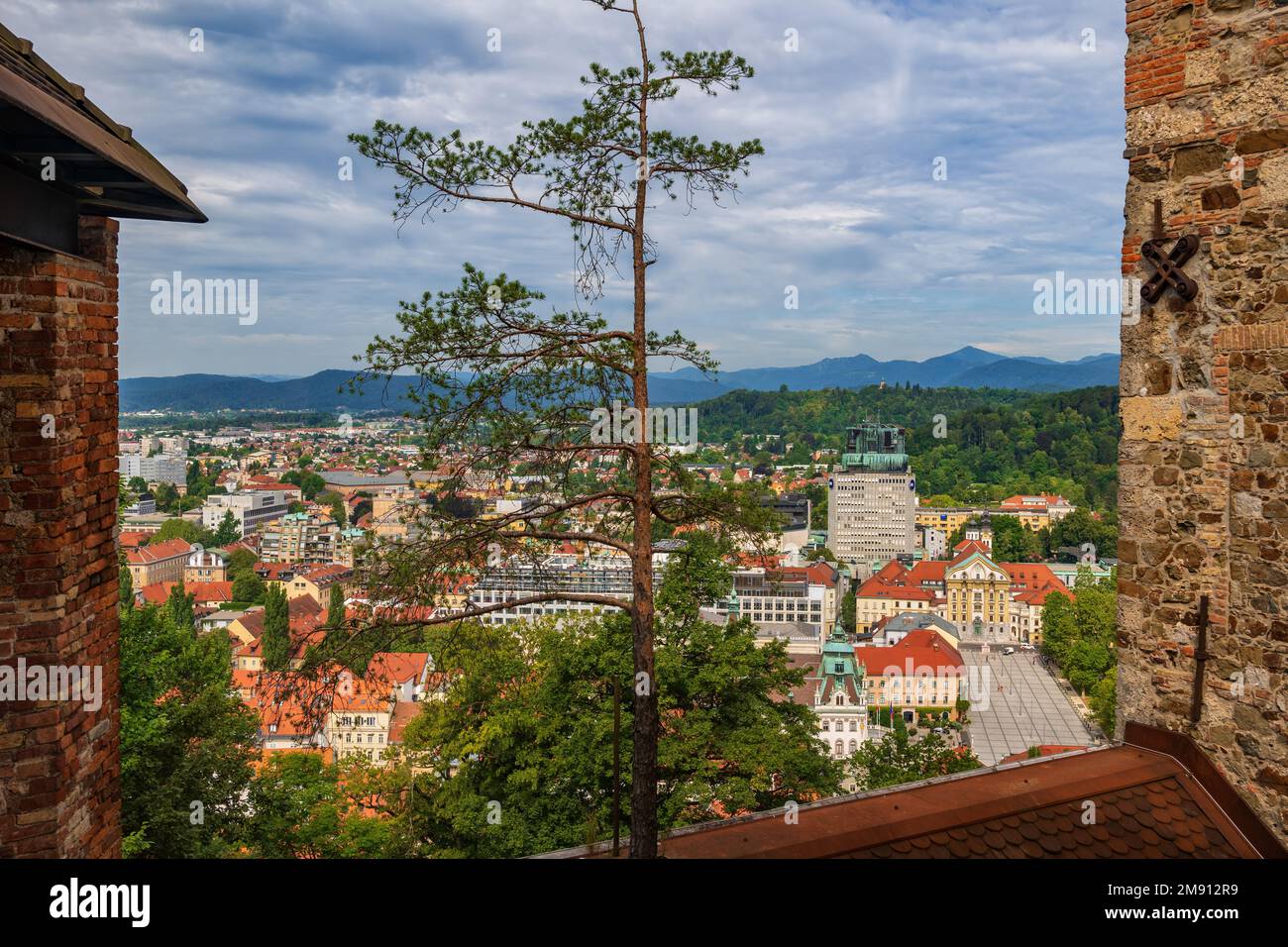 City of Ljubljana cityscape in Slovenia, Congress Square on the right, view from the Ljubljana Castle. Stock Photo