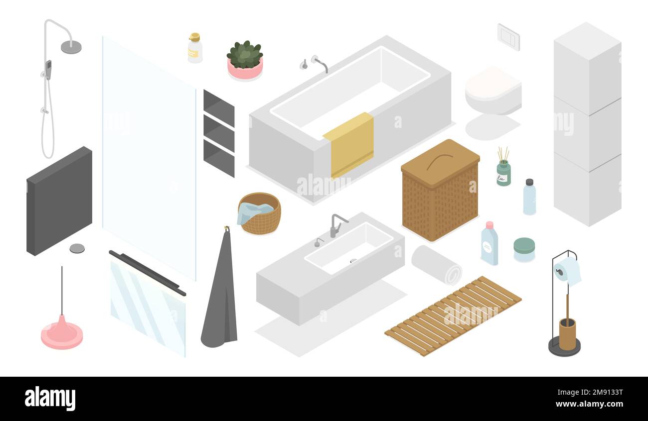 Bathroom furniture - modern vector colorful isometric illustrations set ...