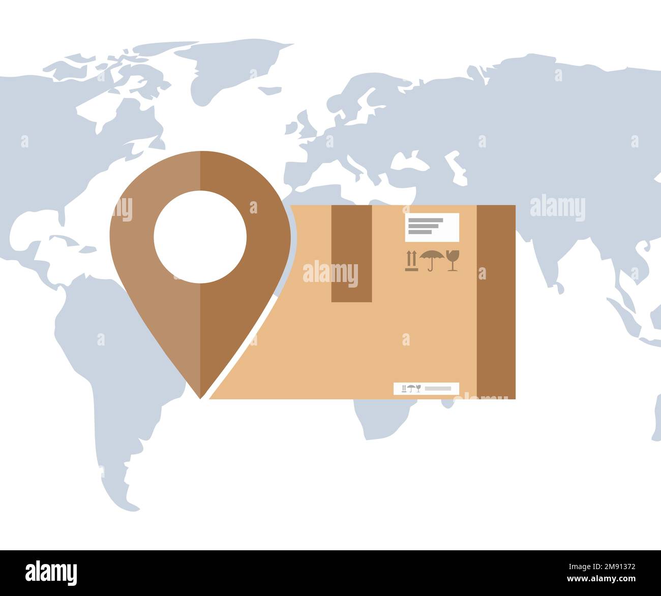 Delivery service or shipping and global logistic concept logo design. Quick and fast cargo shipment, cardboard box over the world map  vector design. Stock Vector