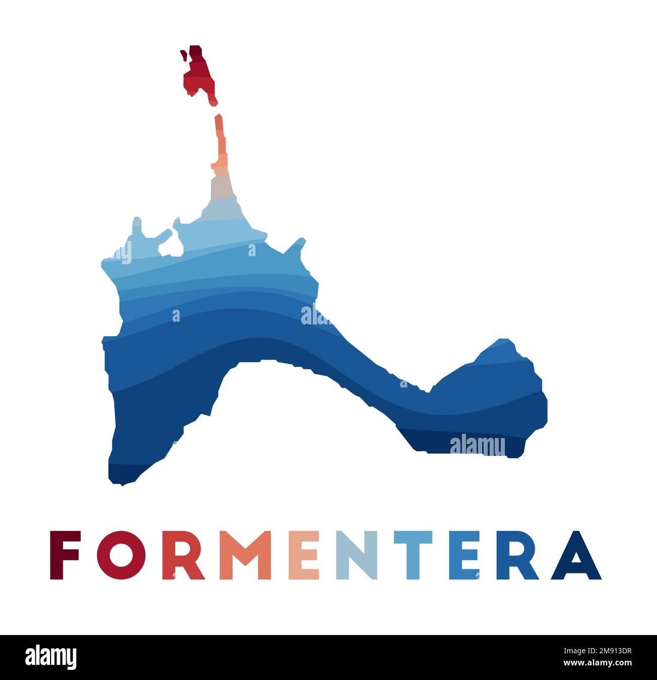 Formentera map. Map of the island with beautiful geometric waves in red blue colors. Vivid Formentera shape. Vector illustration. Stock Vector