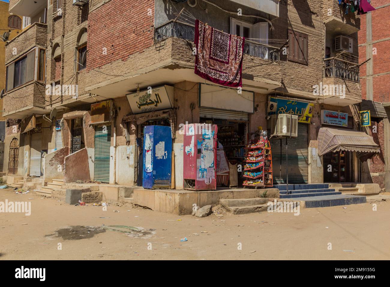 ASWAN, EGYPT - FEB 13, 2019: Small shops in Aswan, Egypt Stock Photo