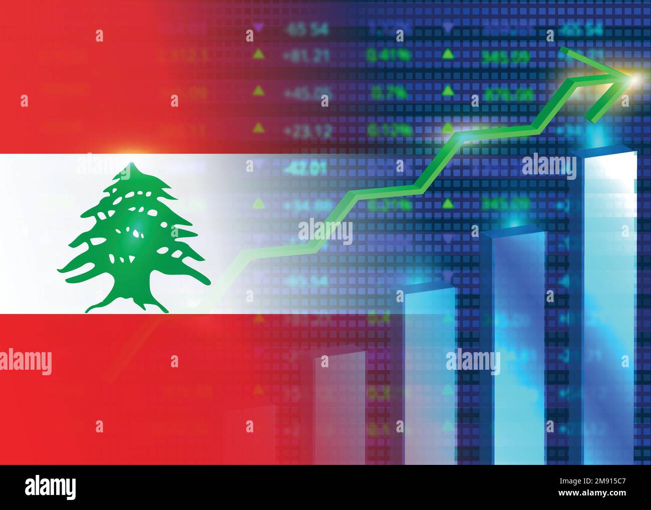 Economic growth in Lebanon.Lebanon's stock market.Lebanese flag with