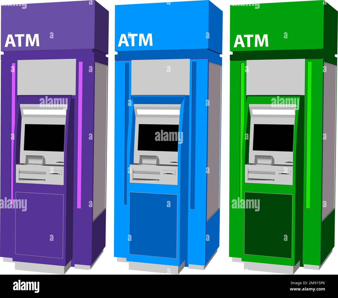 ATM bank cash machine on white background. Set of ATM machines from different sides. Isolated vector illustration Stock Vector
