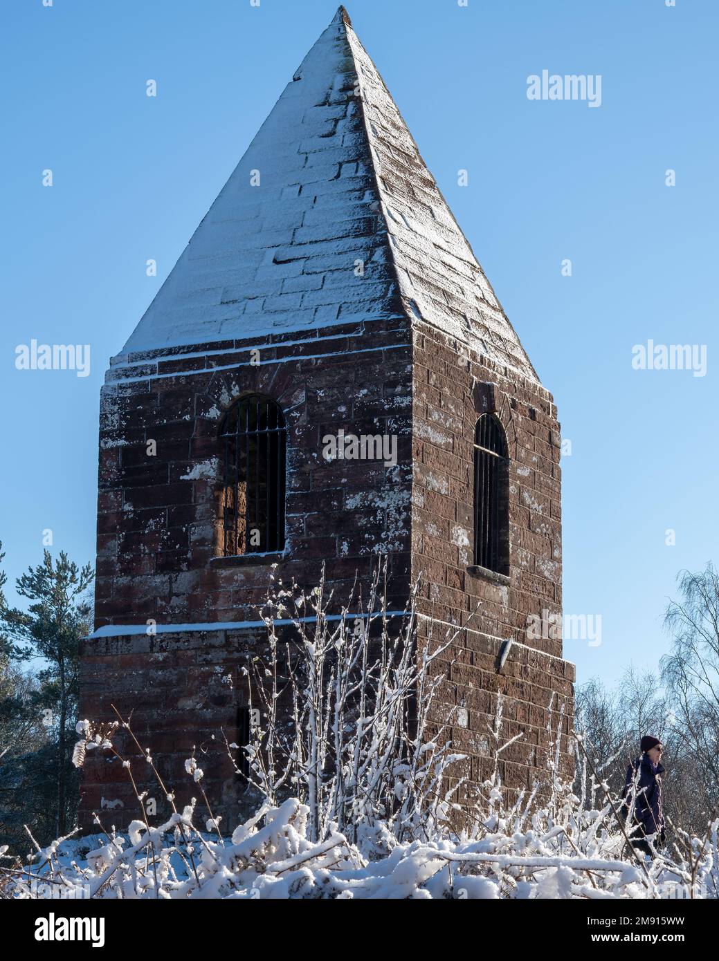 The historic landmark of Penrith Beacon after a dusting of snow in January 2023, Penrith, Cumbria, UK Stock Photo