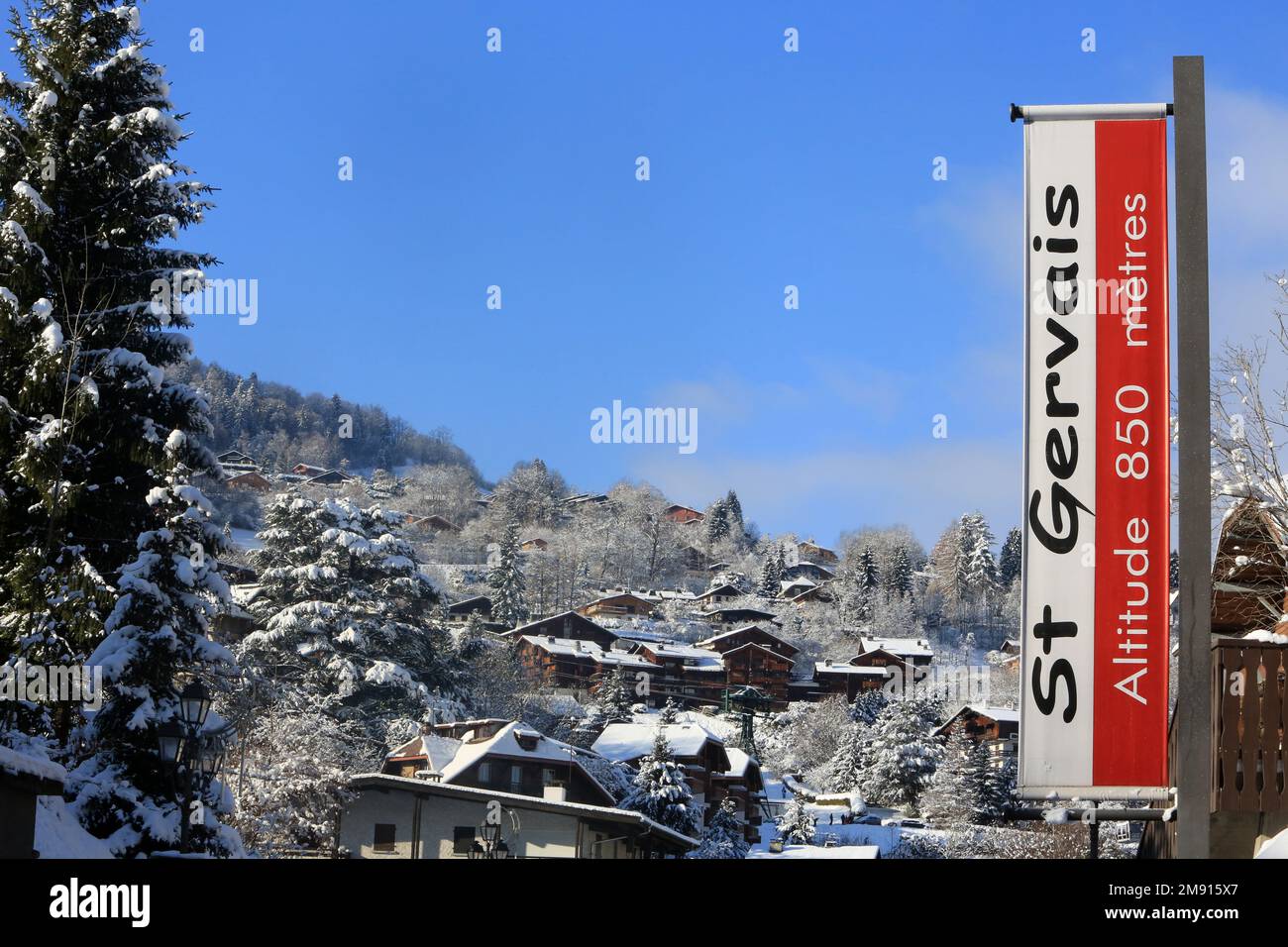 Panel : Saint-Gervais-les-Bains - Altitude 850 meters. Saint-Gervais-les-Bains. Haute-Savoie. Auvergne-Rhône-Alpes. France. Europe. Stock Photo