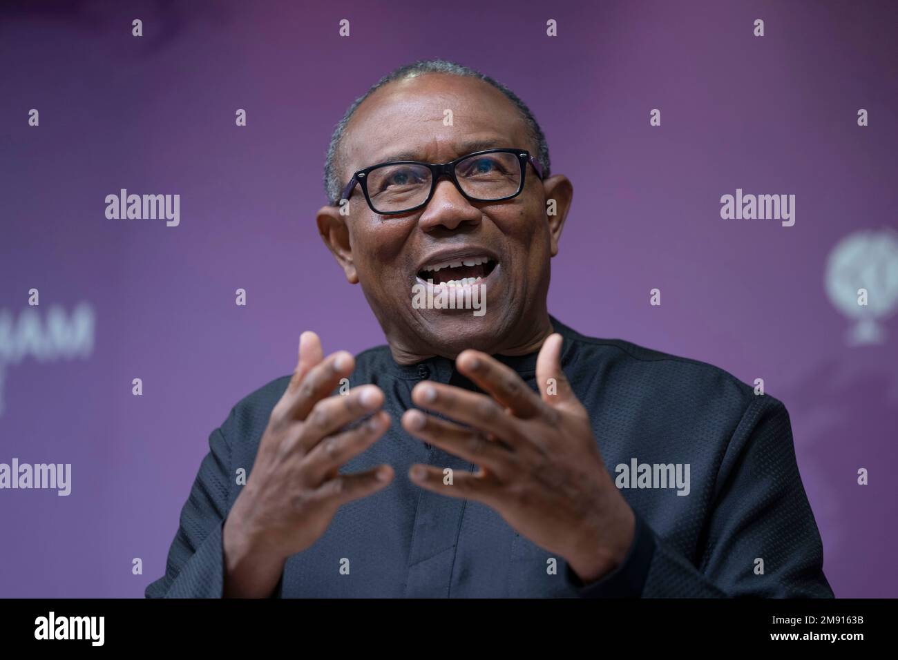 Nigeria's Labour Party's Presidential Candidate Peter Obi speaks during a forum "Nigeria's 2023 election: A vision for policy change and institutional reforms" at Chatham House in London, Monday, Jan. 16, 2023. (AP Photo/Kin Cheung) Stock Photo