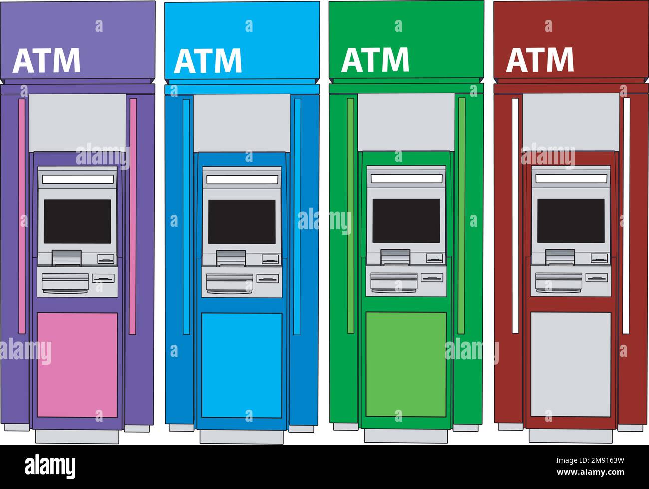ATM bank cash machine on white background. Set of ATM machines from different sides. Isolated vector illustration Stock Vector