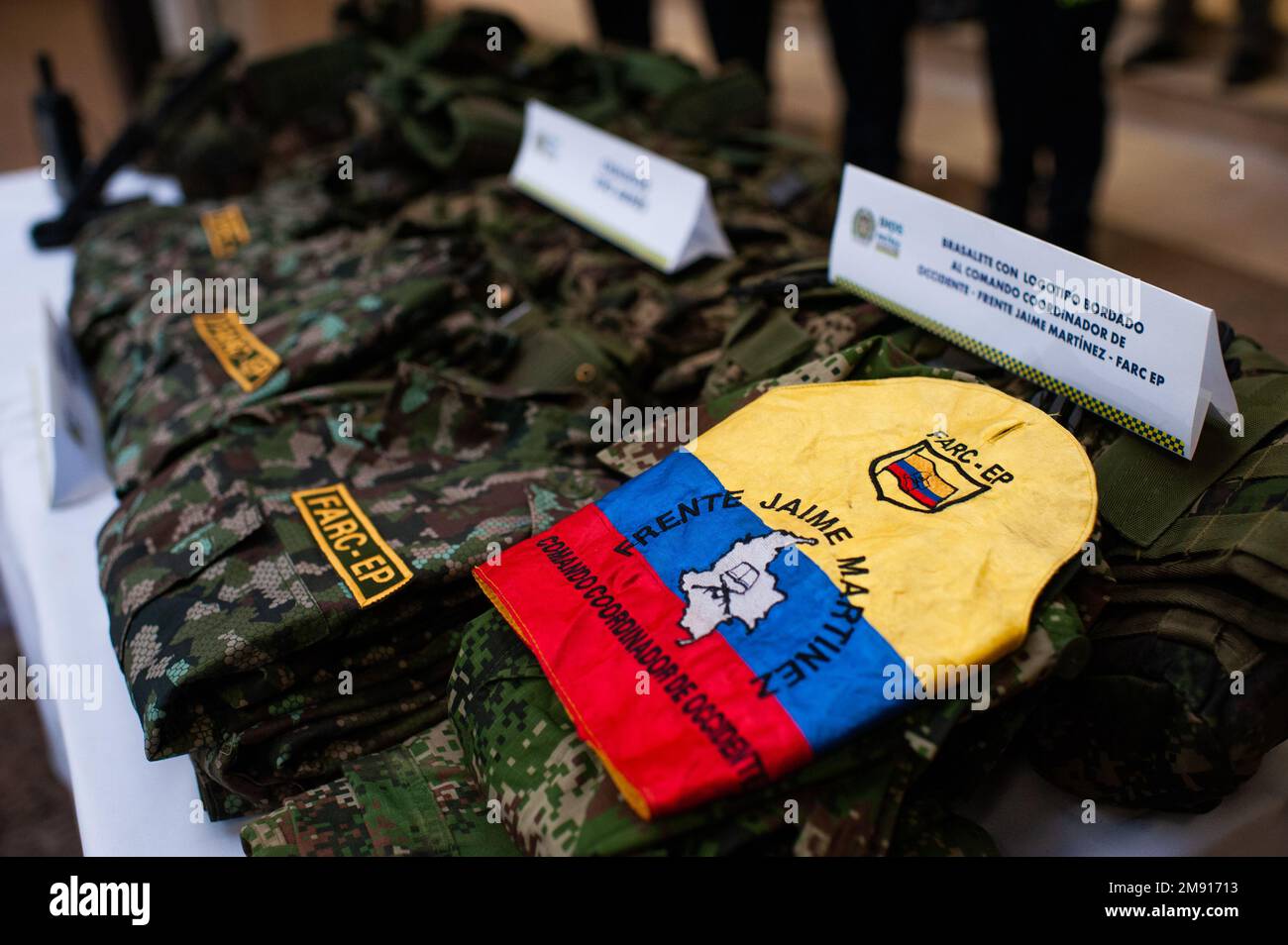 Colombian police General Henry Sanabria gives a press conference in Bogota, Colombia, after Colombian transit police ceased firearms and FARC dissident groups uniforms in southern Colombia on January 16, 2022. Photo by: Chepa Beltran/Long Visual Press Stock Photo