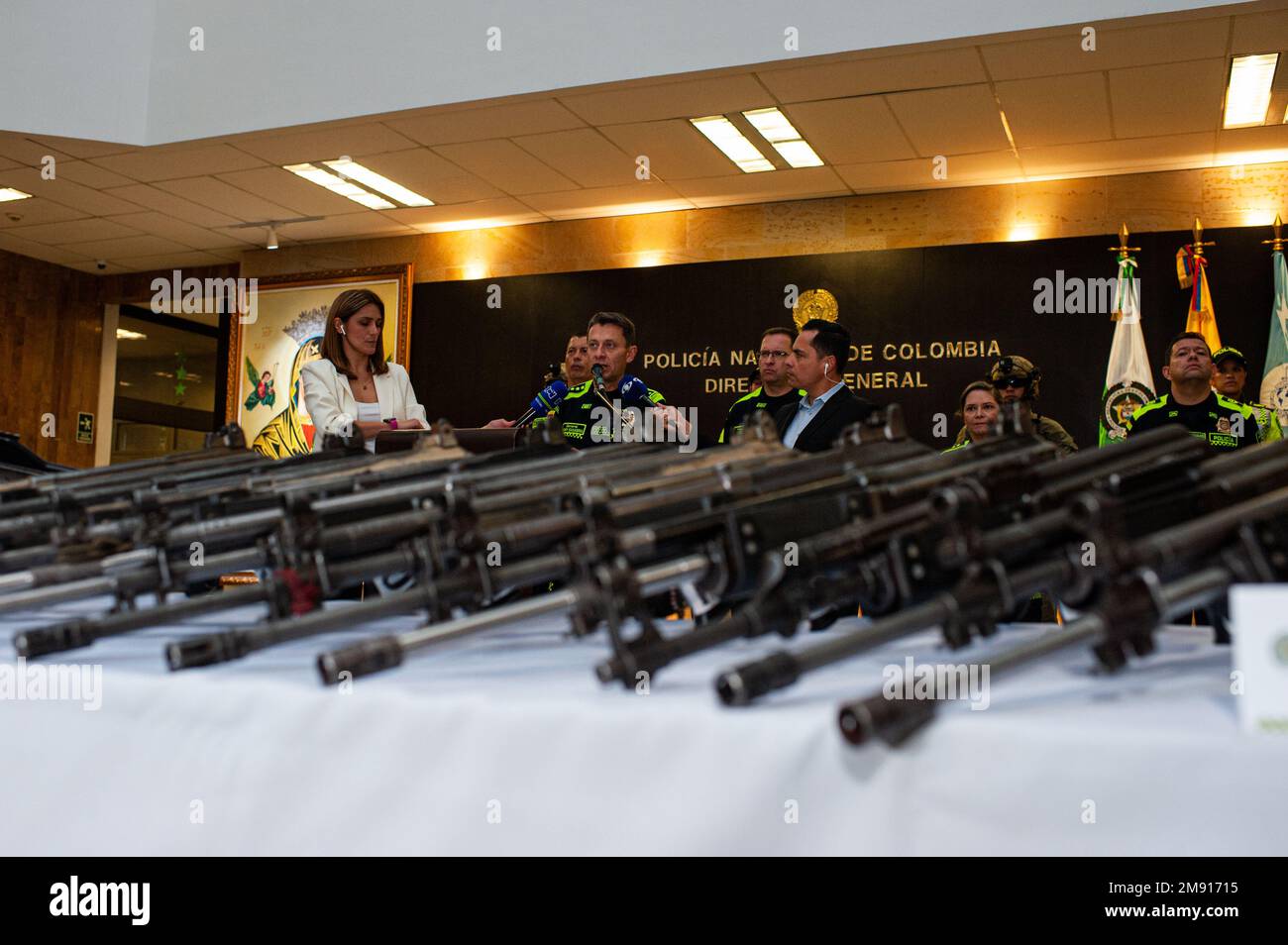 Colombian police General Henry Sanabria gives a press conference in Bogota, Colombia, after Colombian transit police ceased firearms and FARC dissident groups uniforms in southern Colombia on January 16, 2022. Photo by: Chepa Beltran/Long Visual Press Stock Photo
