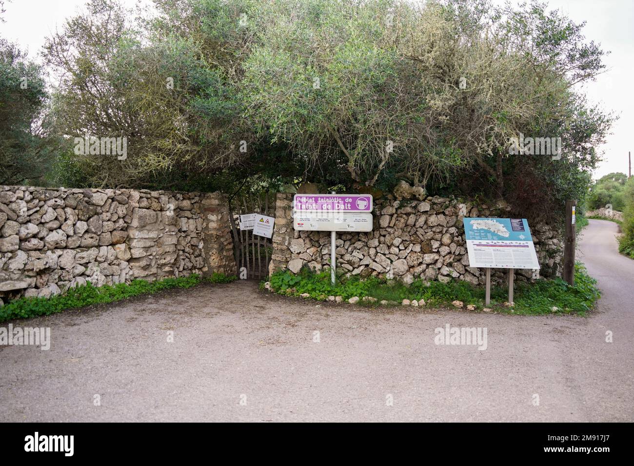 Talatí de Dalt, sign entrance, prehistoric settlement on Menorca, Stock Photo