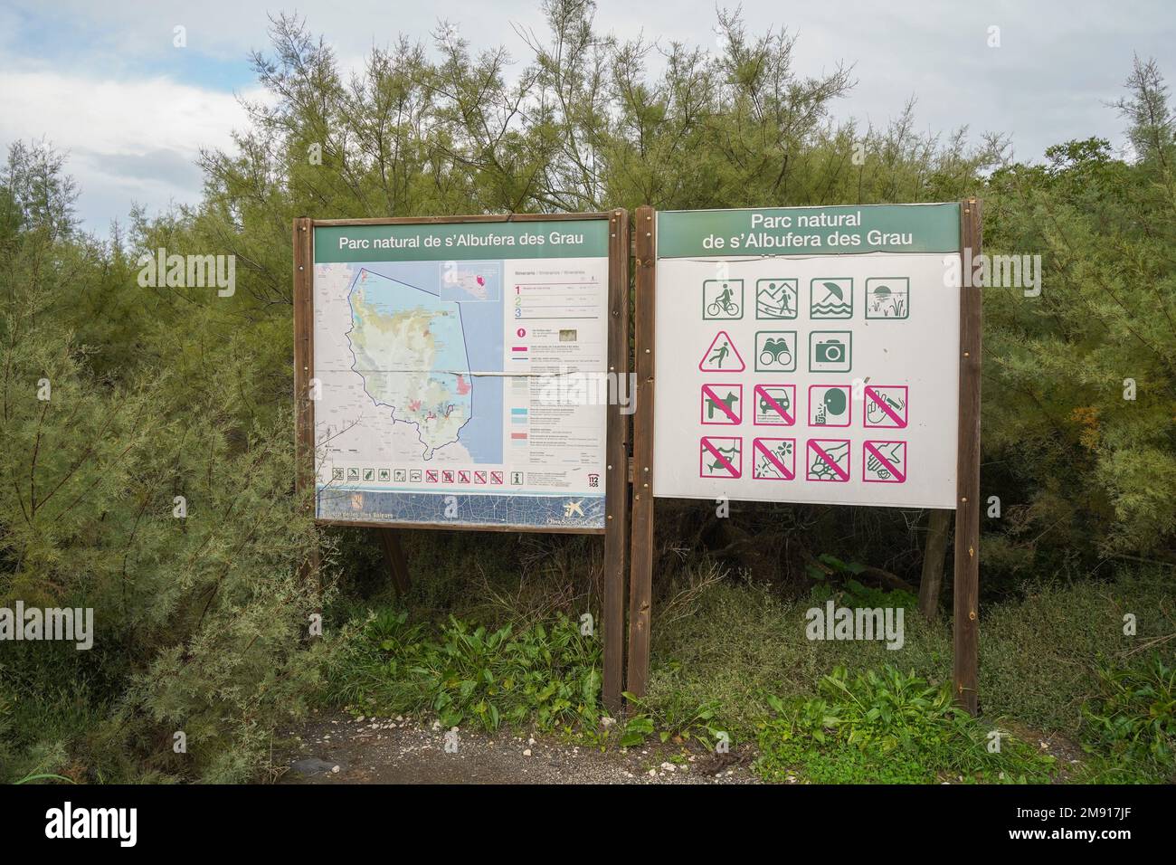 Es Grau, Minorca, information board signs, of Albufera des Grau Nature ...