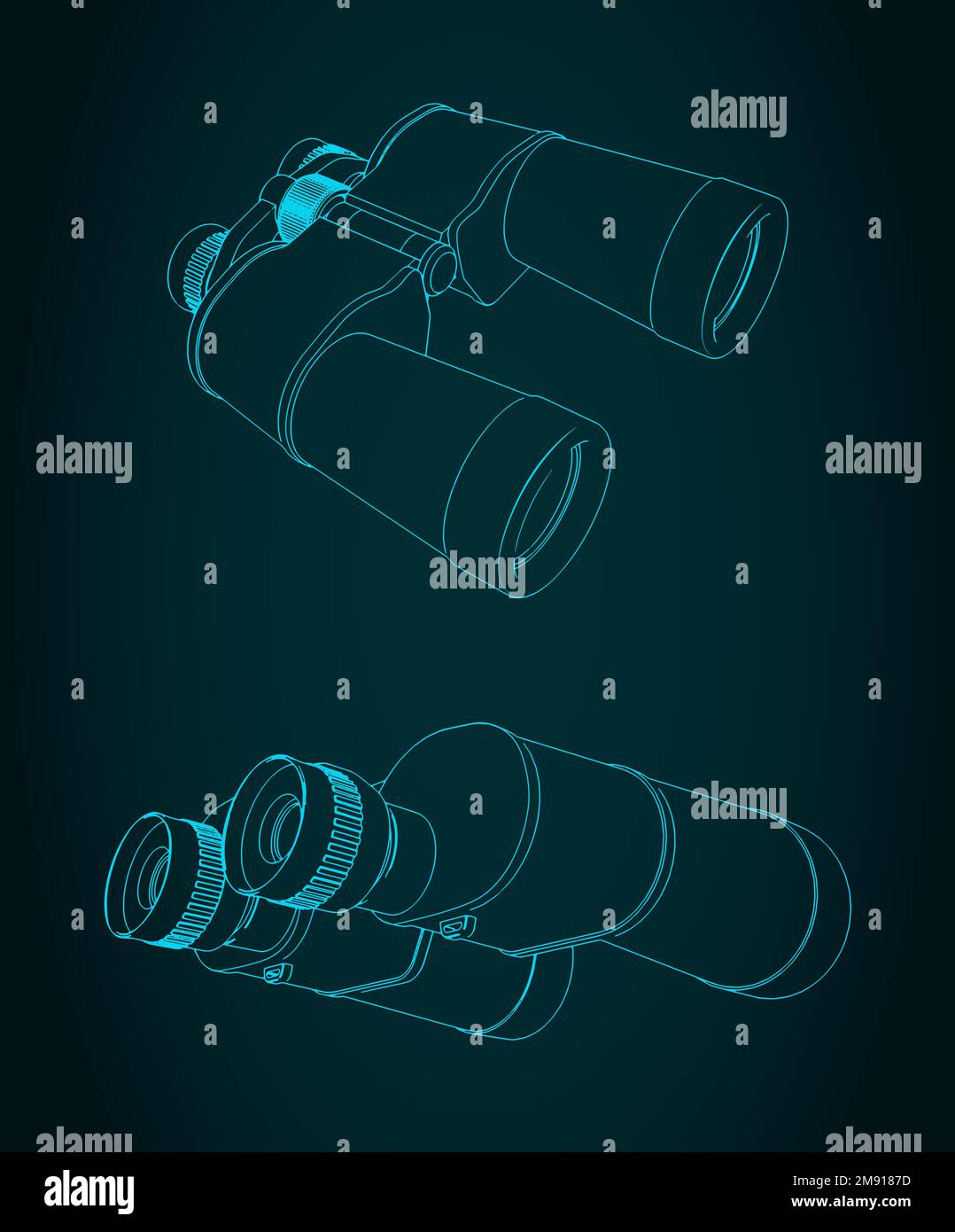 Stylized vector illustration of blueprints of binoculars Stock Vector