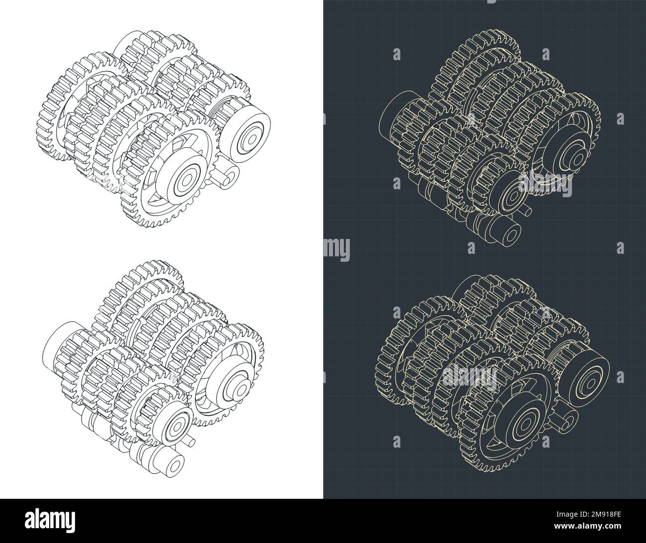 Stylized vector illustration of isometric blueprints of sequential transmission gearbox Stock Vector