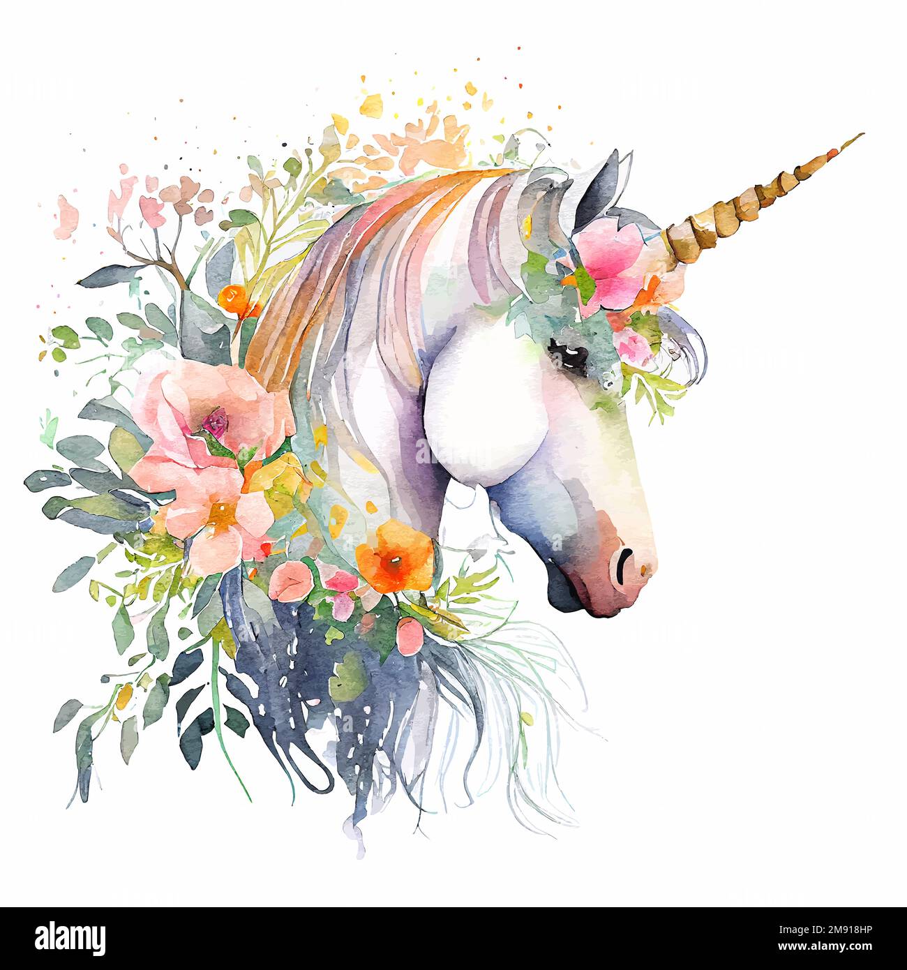 Cute Watercolor Magic Unicorn with Flowers Illustration Stock Vector ...