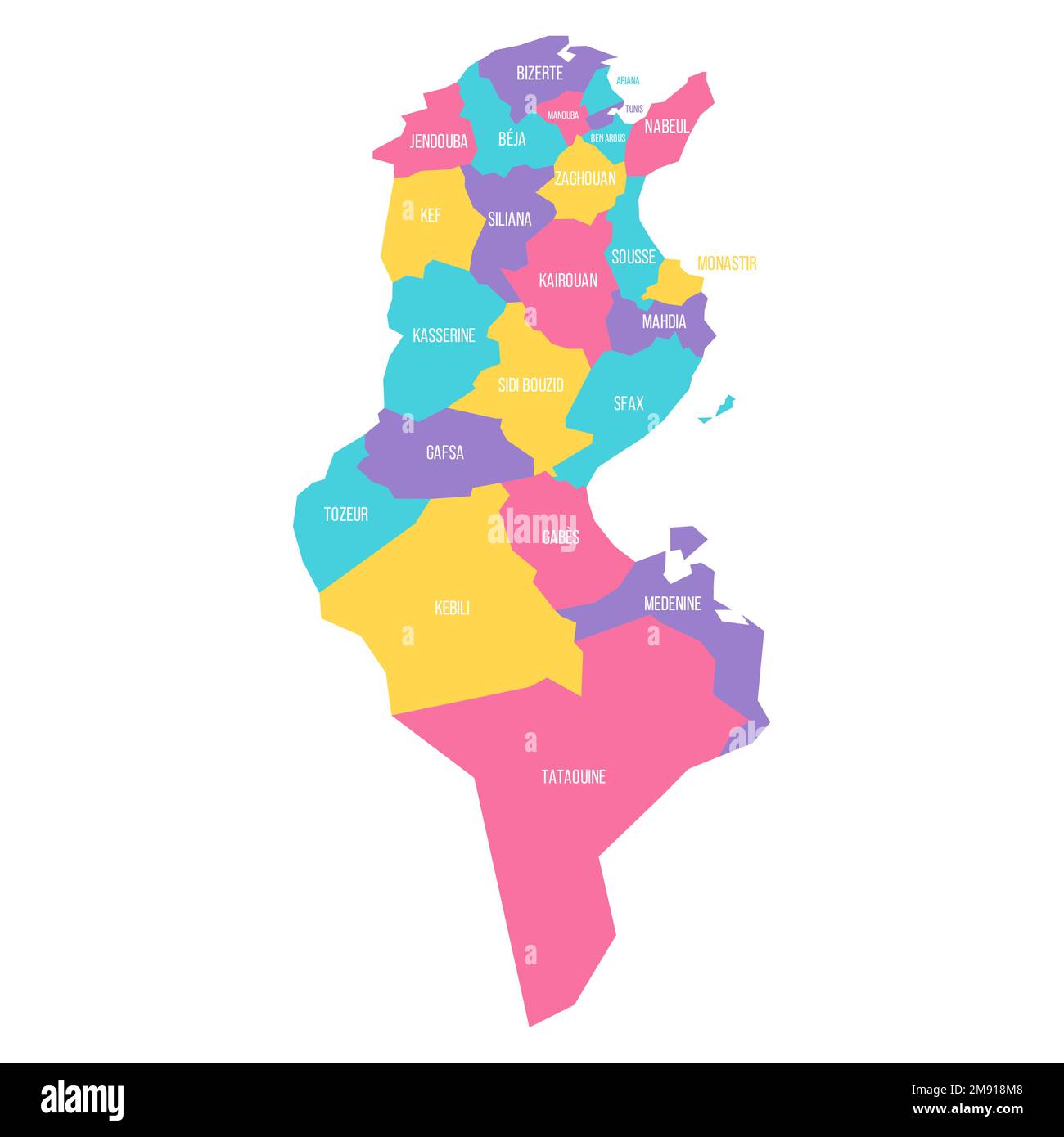 Tunisia political map of administrative divisions governorates. Colorful vector map with