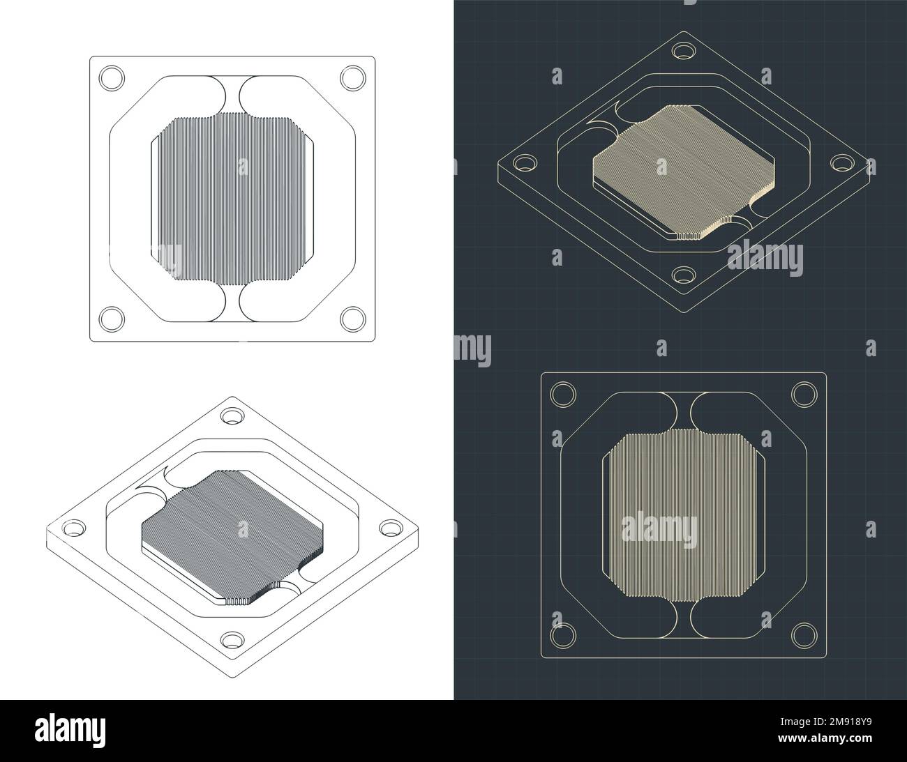 Stylized vector illustrations of blueprints of CPU water cooling block base with micro channels Stock Vector