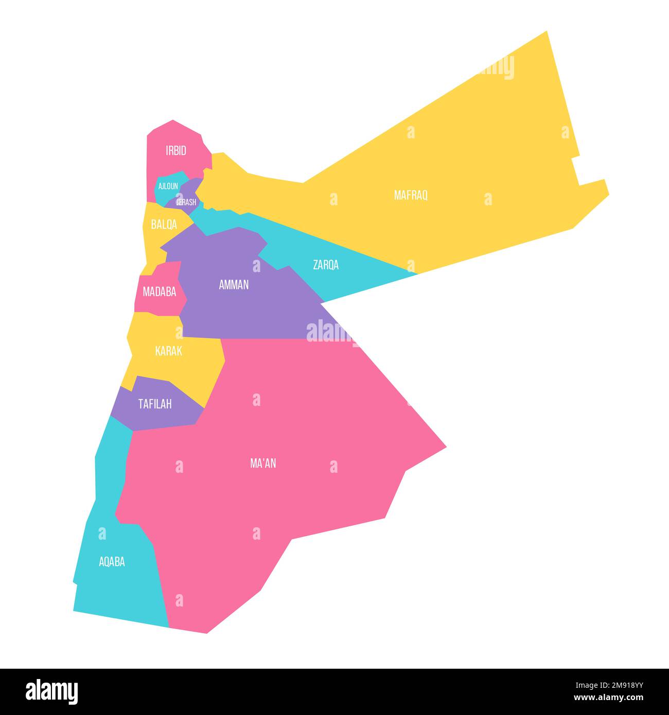 Jordan political map of administrative divisions governorates. Colorful vector map with labels
