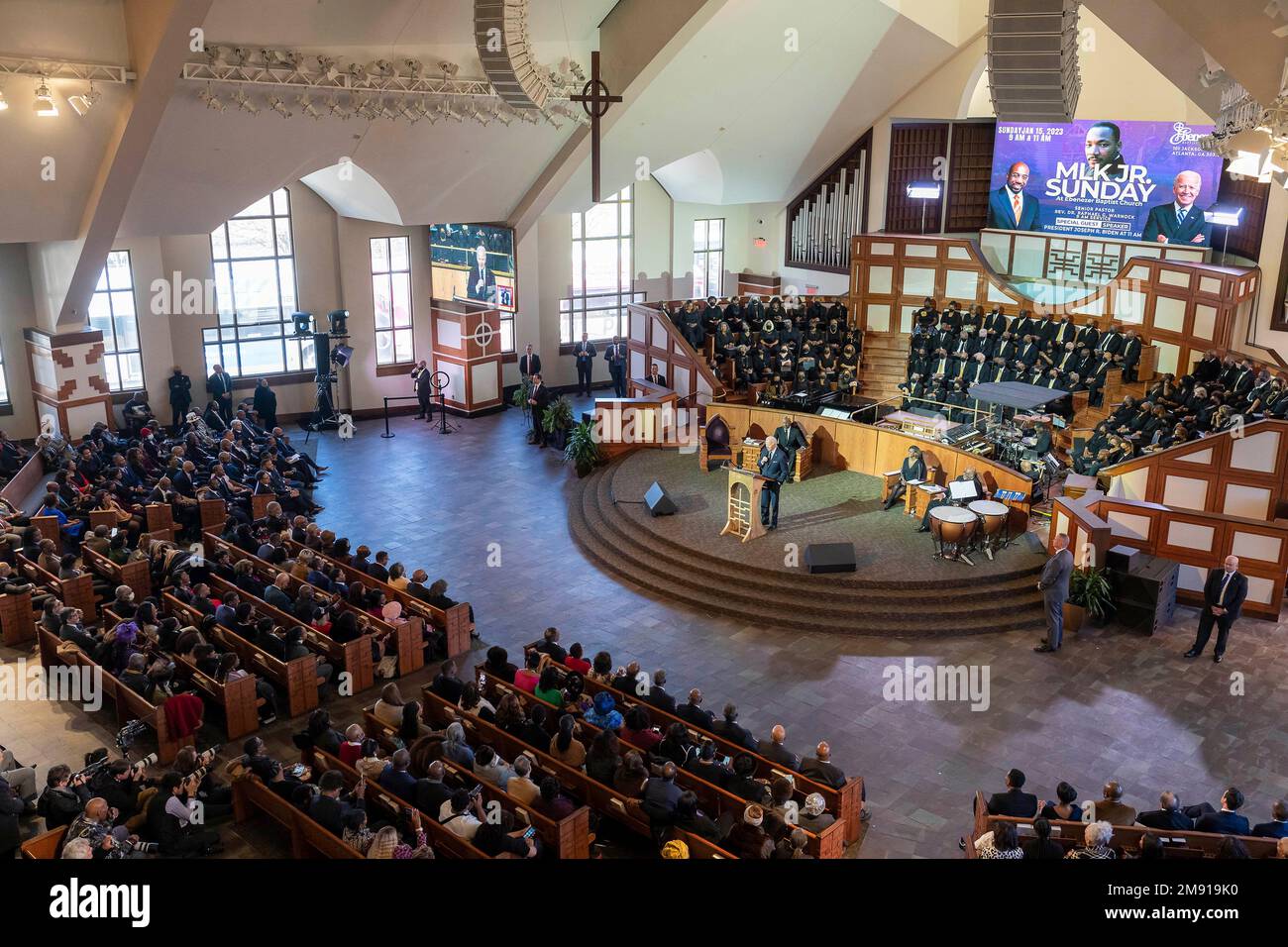 Atlanta, United States Of America. 15th Jan, 2023. Atlanta, United States of America. 15 January, 2023. U.S President Joe Biden, delivers remarks during a celebration of Martin Luther King Jr. Day at Ebenezer Baptist Church, January 15, 2023 in Atlanta, Georgia. Biden is the first sitting president to delivered a sermon at the church where Martin Luther King Jr. was a pastor. Credit: Adam Schultz/White House Photo/Alamy Live News Stock Photo