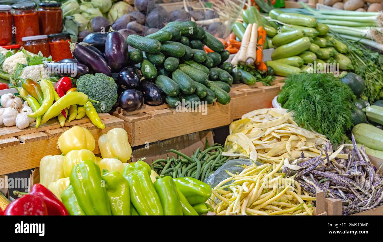 Organic Healthy Fresh Vegetables and Beans at Farmers Market Stall ...