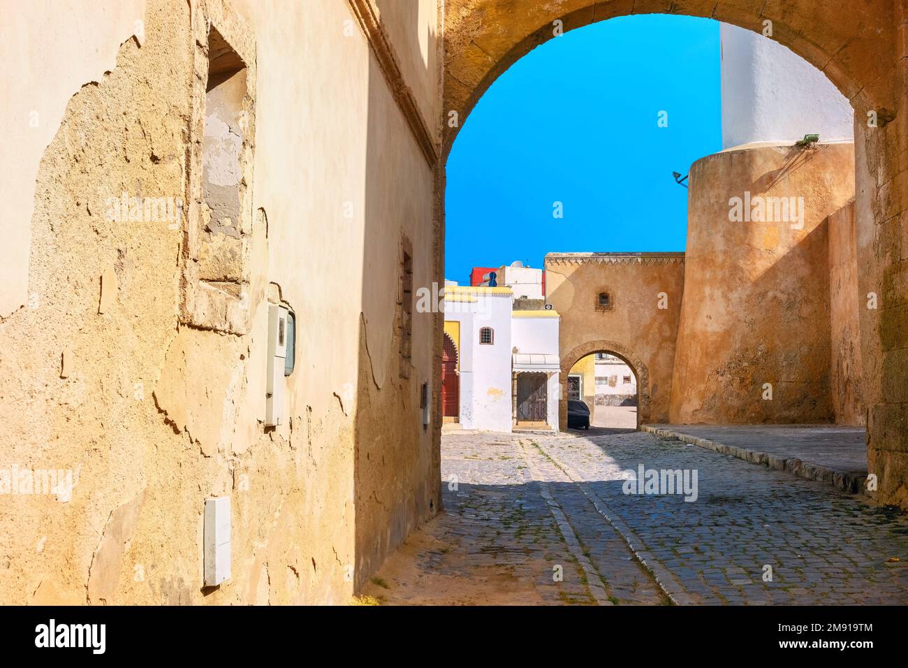 Street scene with traditional architecture in Medina of Essaouira town. Morocco, North Africa Stock Photo