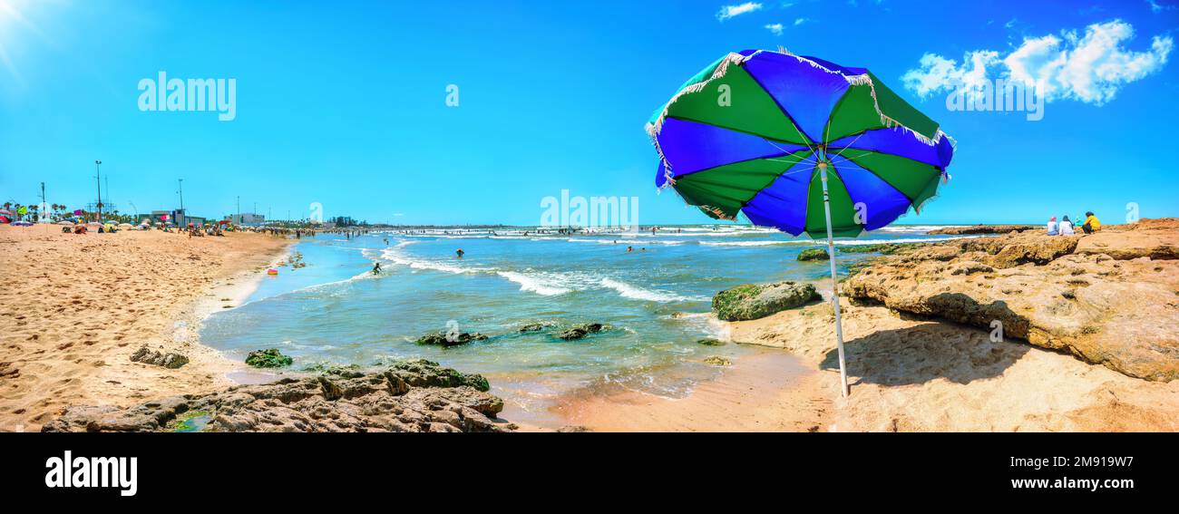 Panoramic view of beach on Atlantic coast in Essaouira town. Morocco, North Africa Stock Photo