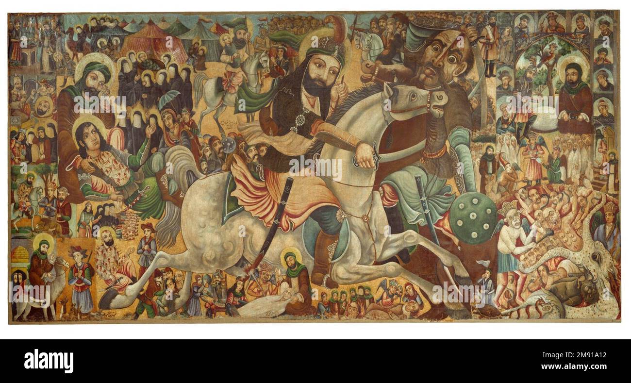 Battle of Karbala Abbas Al-Musavi. Battle of Karbala, late 19th-early 20th century. Oil on canvas, 69 1/16 × 134 1/2 × 2 1/4 in. (175.4 × 341.6 × 5.7 cm).  This painting commemorates the martyrdom of Imam Husayn, the grandson of the prophet Muhammad and the third imam, or leader, of the Shica Muslims. Husayn was killed by the forces of the Umayyad caliph Yazid I (r. 680–683) in the desert of Karbala in central Iraq in 680 c.e. This battle emphasizes the divide between the Sunni and Shica branches of Islam; Husayn led a resistance against what the Shica Muslims believed was the Umayyads’ illegi Stock Photo
