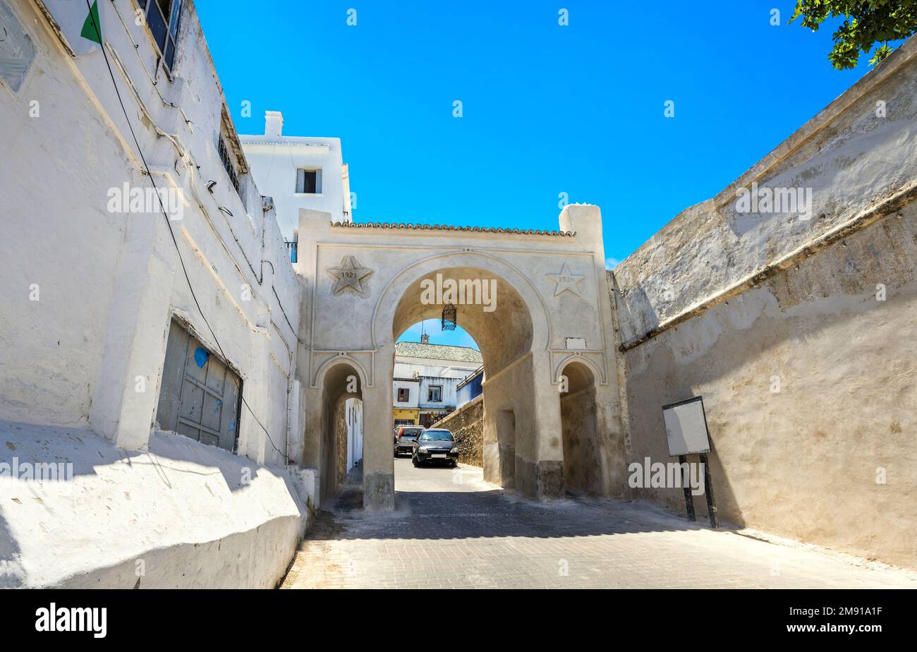 Street view with gateway of ancient Medina in Tangier. Morocco, North Africa Stock Photo