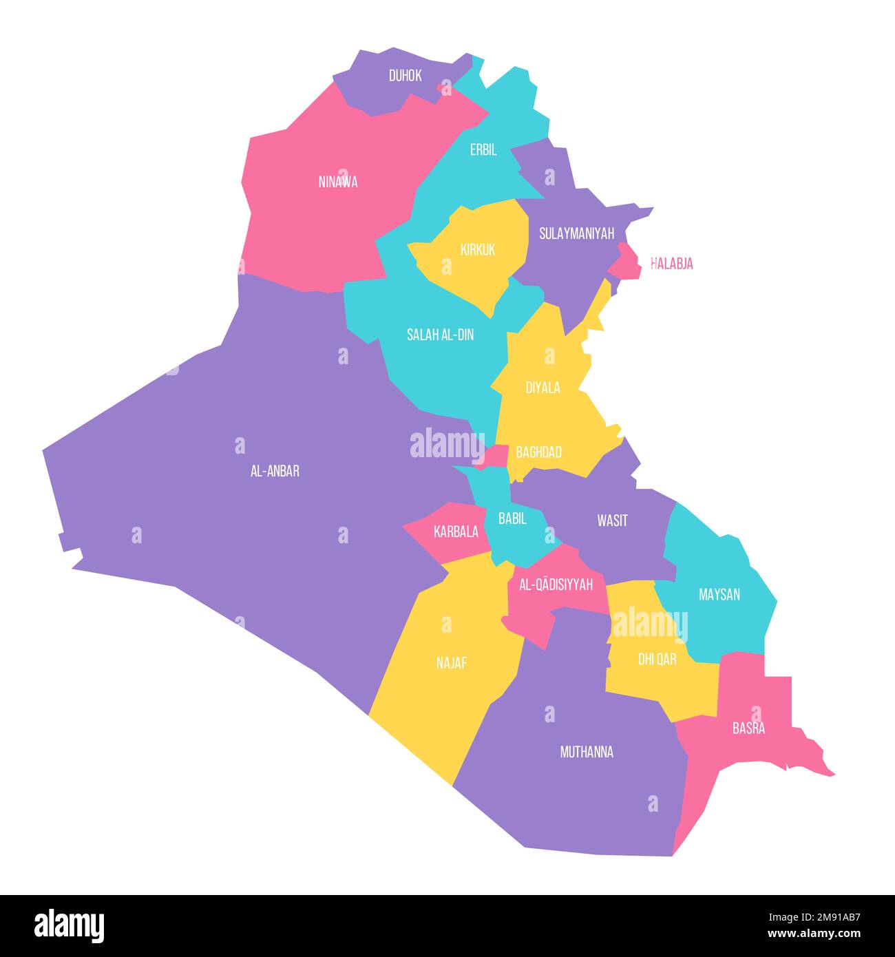 Iraq political map of administrative divisions - governorates and Kurdistan Region. Colorful vector map with labels. Stock Vector