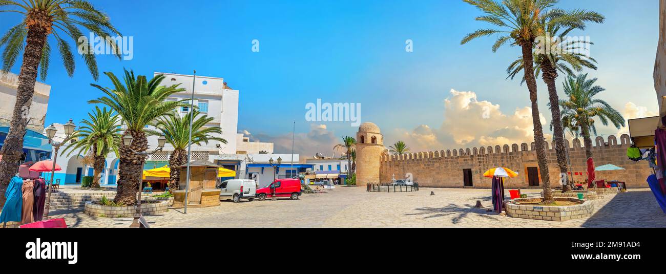 Panoramic view of bazar square and ancient fortress wall in Sousse. Tunisia, North Africa Stock Photo