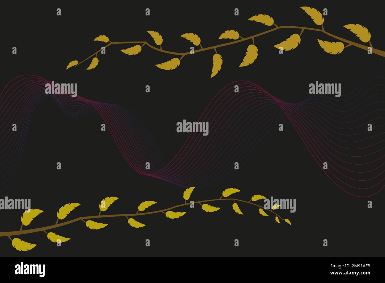 Yellow forest leaves and branches on dark, black background. Hand painted Floral illustration. Vector autumn greenery branches background Stock Vector