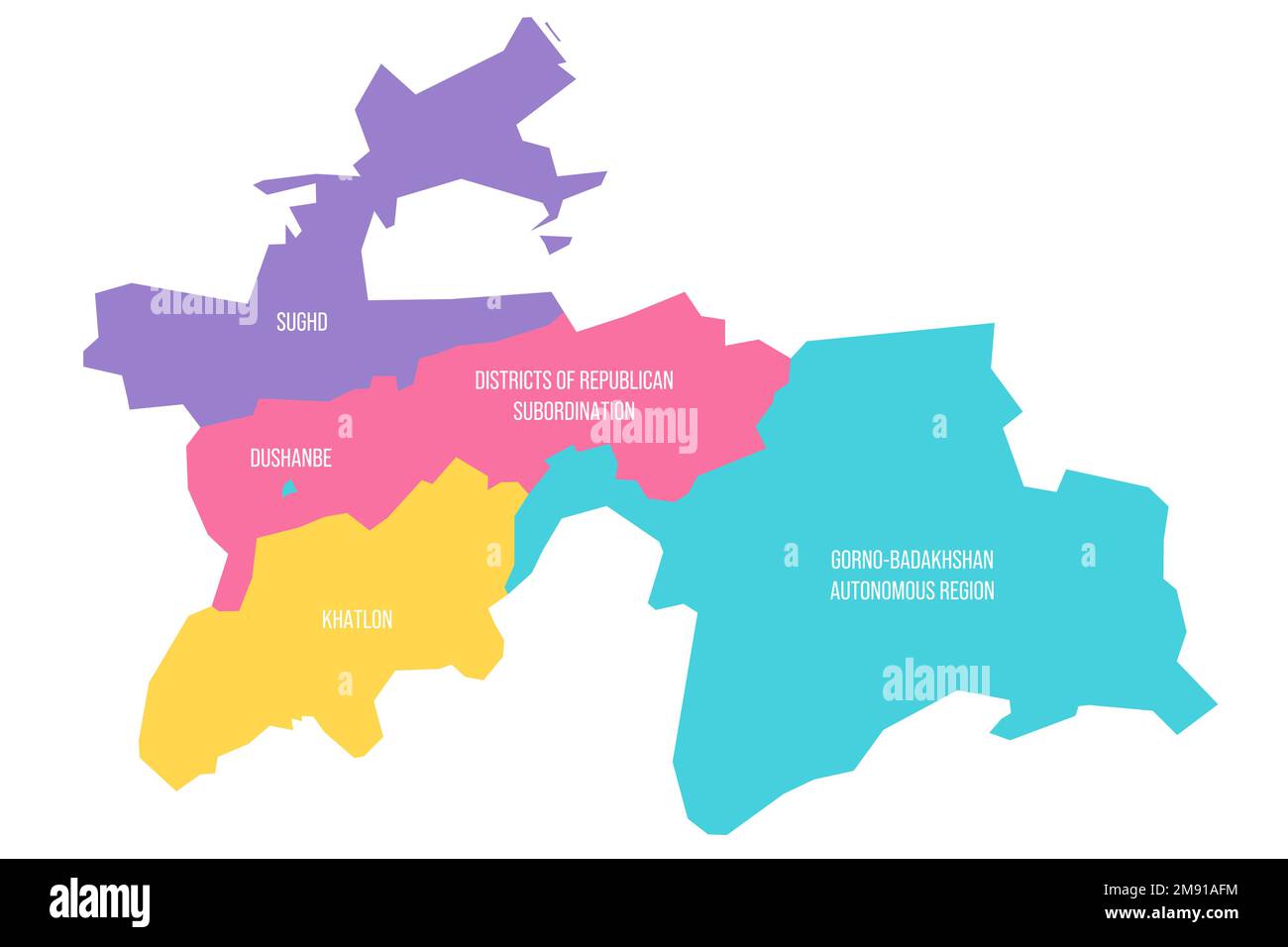 Tajikistan political map of administrative divisions - regions, autonomous region of Gorno-Badakhshan, districts of Republican Subordination and capital city of Dushanbe. Colorful vector map with labels. Stock Vector