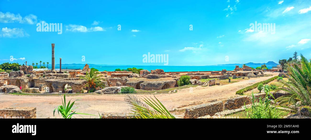 Panoramic view of ancient ruins with thermal baths in Carthage. Tunis, Tunisia, North Africa Stock Photo